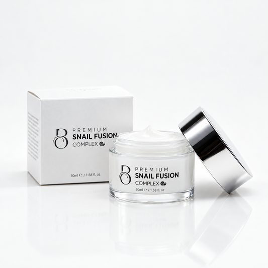 Premium Snail Fusion Complex 50ml jar, open with cream visible, beside its box on a white background