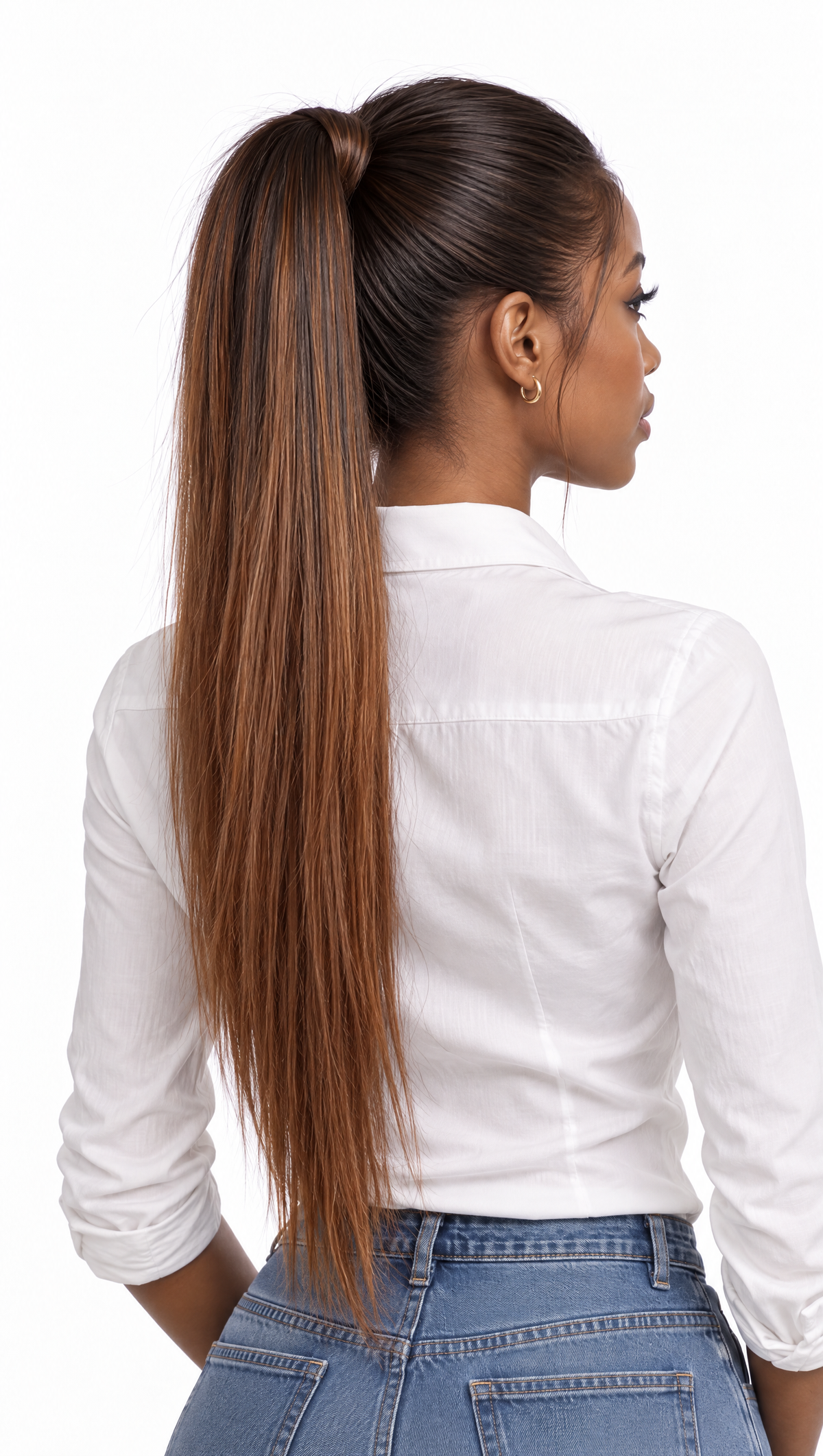 Luna #T1B/30 Dark Brown Golden Highlights — worn by model