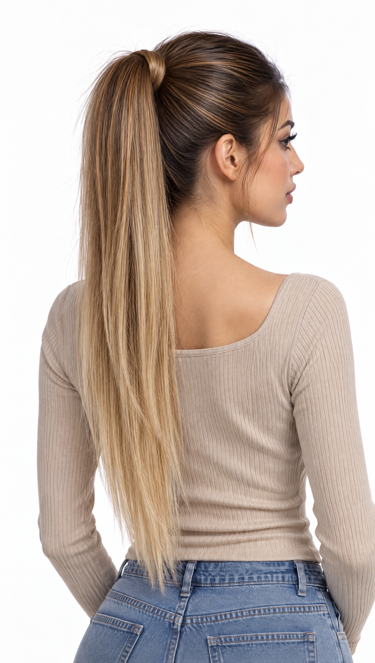 Luna #T2/27/613 Dark Brown Light & Honey Blonde Highlights — worn by model